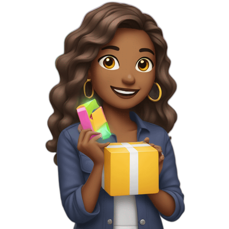 influencer taking a picture of herself holding a bright box in her arms emoji