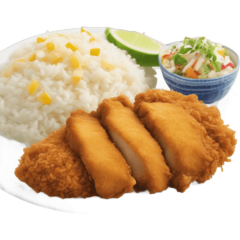 Hawaiian chicken katsu with white rice and Hawaiian Mac salad on plate emoji