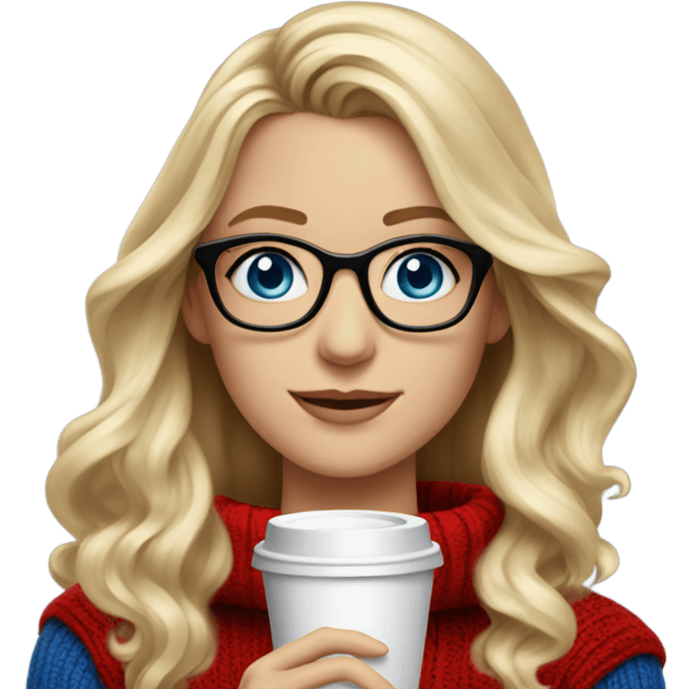 Blonde balayage long hair white women red sweater blue eyes and small glasses holding coffee emoji