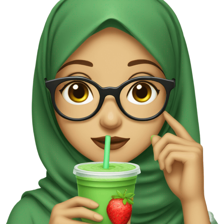 hijabi girl with round glasses and matcha strawberry emoji