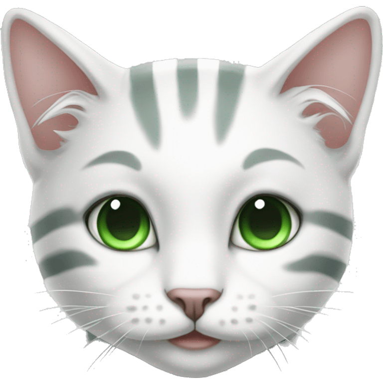 A cute white cat with gray stripes with green eyes, c emoji