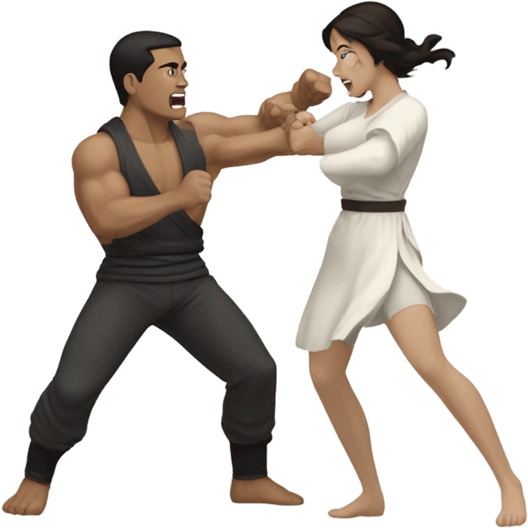 A pale half Asian man with short dark hair fighting a white woman with long wavy brunette hair emoji