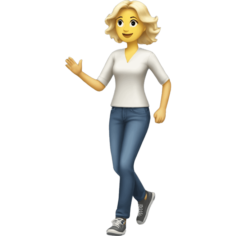 walking, white woman, a blonde, friendly waving, casual dress emoji