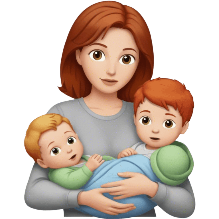 A mother with brown hair holds a red-haired baby and a blond boy  emoji