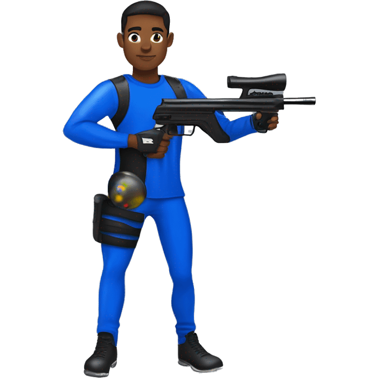 Brown skin paintball player wearing a royal blue long sleeve jersey, black pants and running with a paintball gun in hand emoji