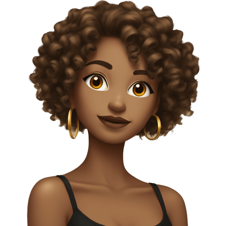 Girl with brown curly hair and higlights and long lashes wearing gold hoop earings in a spaghetti strap black top tan and pretty and skinny  emoji