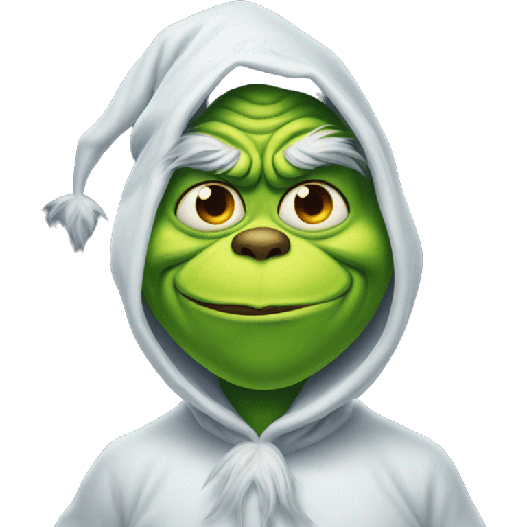 Grinch wearing halloween costume of a ghost emoji