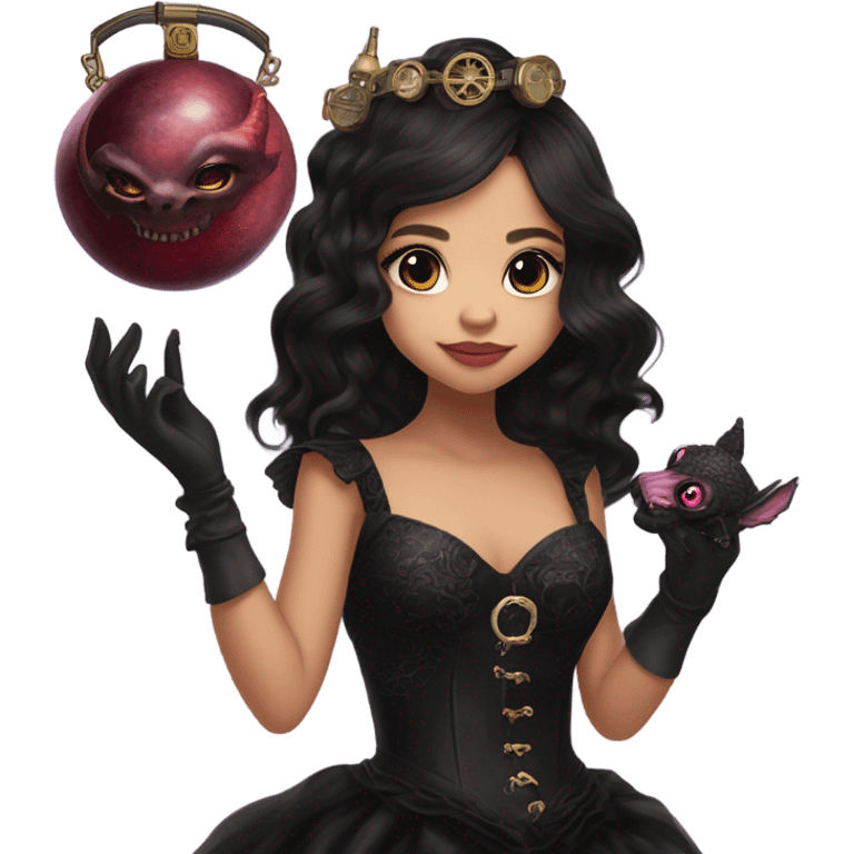 healthy standing flirty Lavish black evening gown with see-through gloves, Jenna Ortega as Addams woman wearing a steampunk mini tiara, very large blood moon pink evil-looking horned old dragon purse emoji