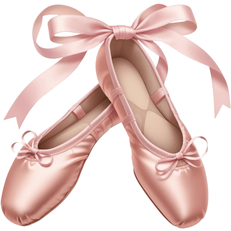 Cinematic Realistic Ballet Shoes, soft satin pink pointe shoes with delicate ribbons, resting gently on a polished wooden floor, subtle creases in the fabric, glowing under the warm golden light of a rehearsal studio, evoking elegance and grace. emoji