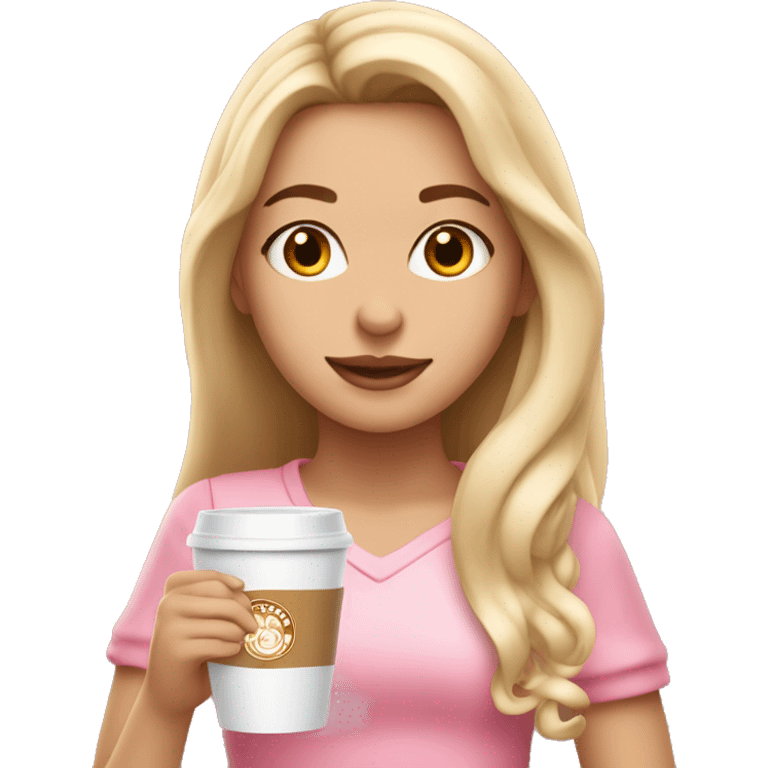 Girl with long blonde hair and brown eyes in pink cute outfit with Cappuccino in her hands emoji