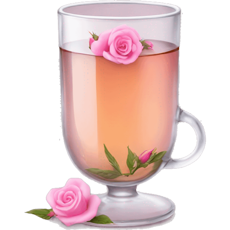 glass of tea with tiny pink rosebuds inside small emoji