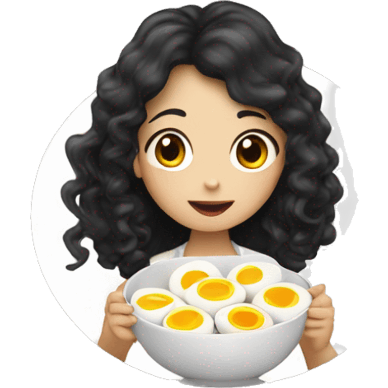 an asian girl with long black curly hair eating boiled eggs emoji