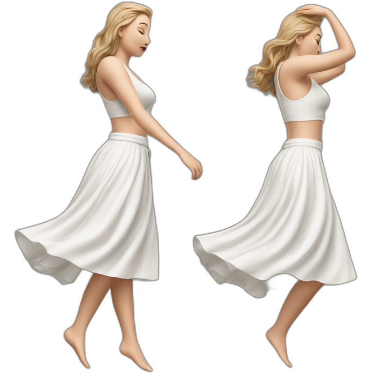 Hyperrealistic Full body Caucasian curvy beauty jumping white skirt back and front views strong wind emoji