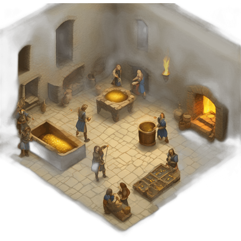 open floor plan of a medieval mint showing different people working, one person on the furnace, some people molding liquid gold into coins emoji