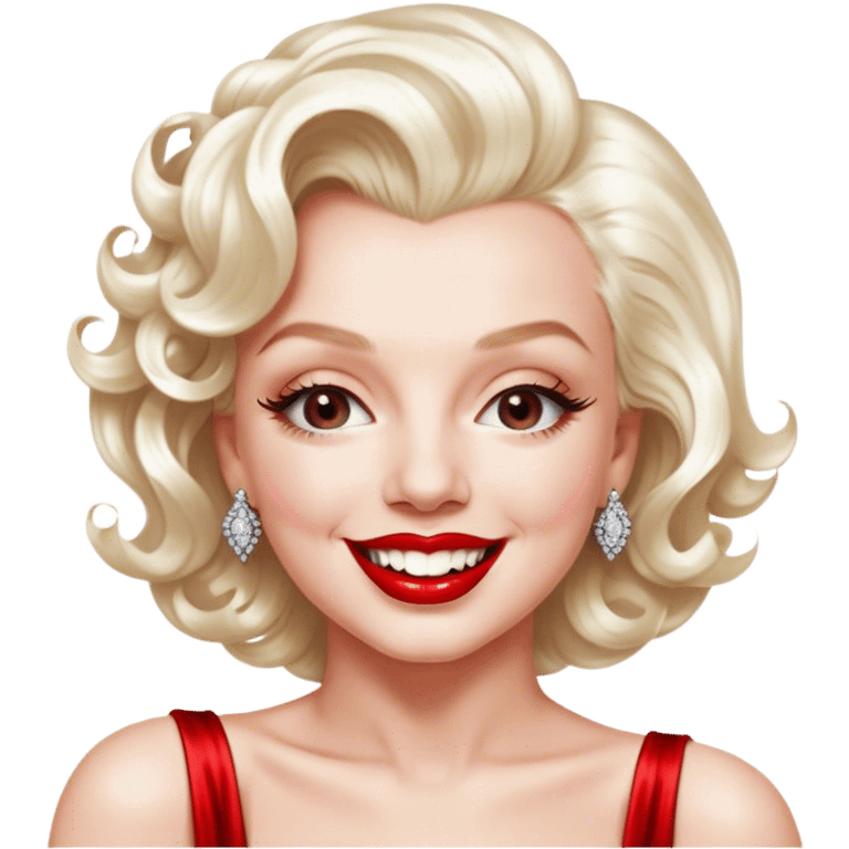 Cinematic Realistic Marilyn Monroe Emoji, featuring a glamorous, high-detail portrayal of the legendary Hollywood star. Her iconic platinum curls, radiant smile, and signature red lips are illuminated by dramatic, vintage-style lighting, evoking the timeless allure of classic cinema. emoji