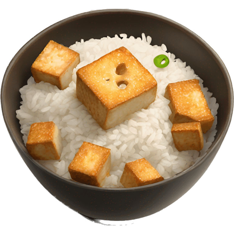 a bowl with white rice and crispy sesame tofu emoji