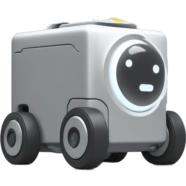 solid rectangle gray delivery robot with white circle white led eyes and opening lid on 4 wheels with food emoji