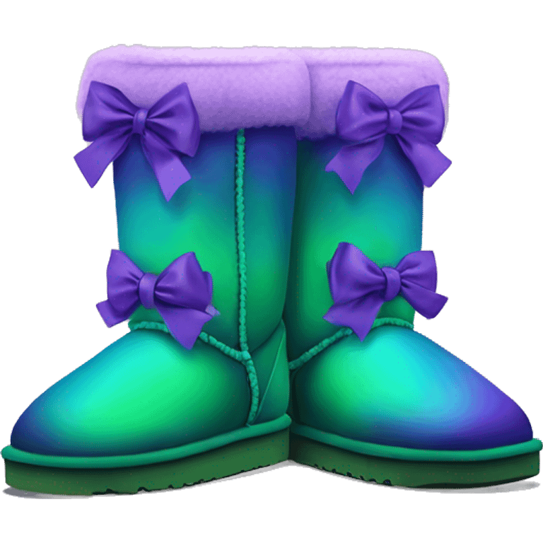 Realistic pair of green to purple ombre Ugg fur boots with silk ribbon bows. emoji