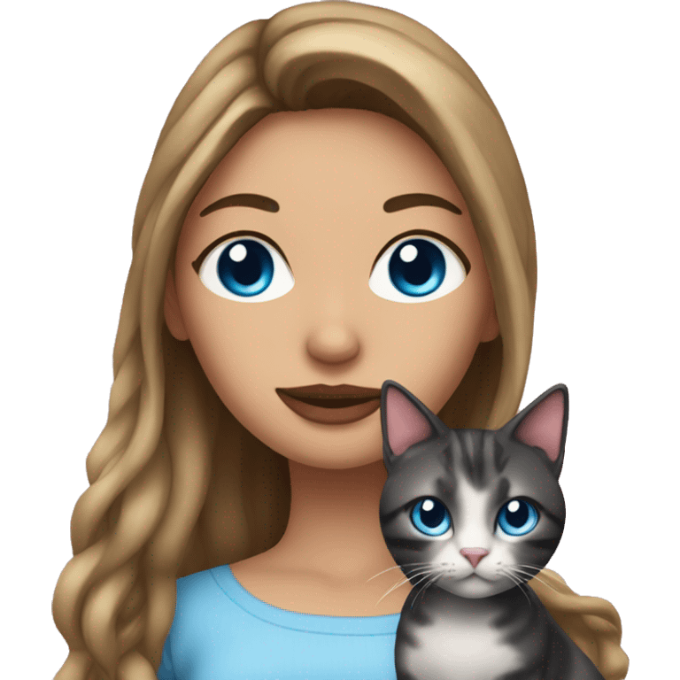 Woman with dark long hair, pink lips and blue eyes holding a tabby cat  emoji