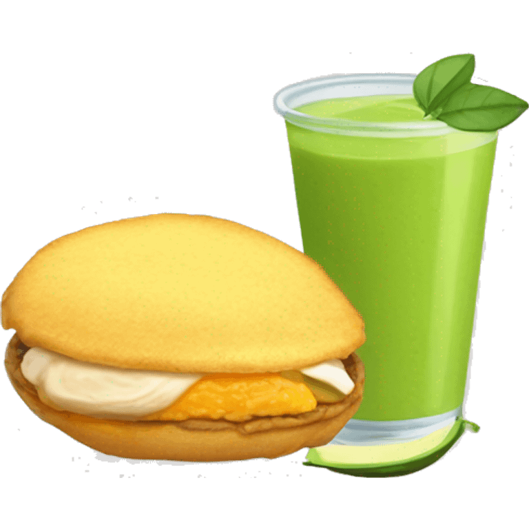 Arepa rellena de una mezcla de pollo desmechado con aguacate con un vaso de vidrio con jugo de naranja emoji