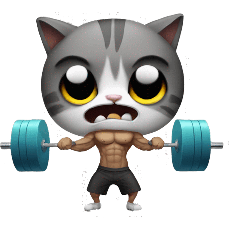 ripped cat doing deadlift with a :3 face emoji