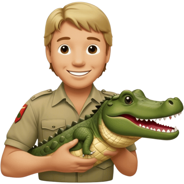 Cinematic Realistic Steve Irwin Portrait Emoji, in his signature khaki attire, holding a crocodile or giving an excited thumbs-up. The scene is lit with vibrant, natural sunlight, emphasizing his adventurous spirit and deep connection to nature. emoji