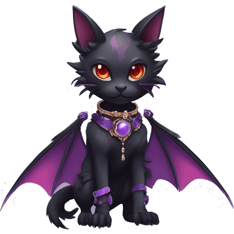 cool kawaii edgy evil black purple red ethereal fantasy beautiful elegant nargacuga-bat-cat-Fakemon wearing legs spats a collar harness with jewelries full body emoji