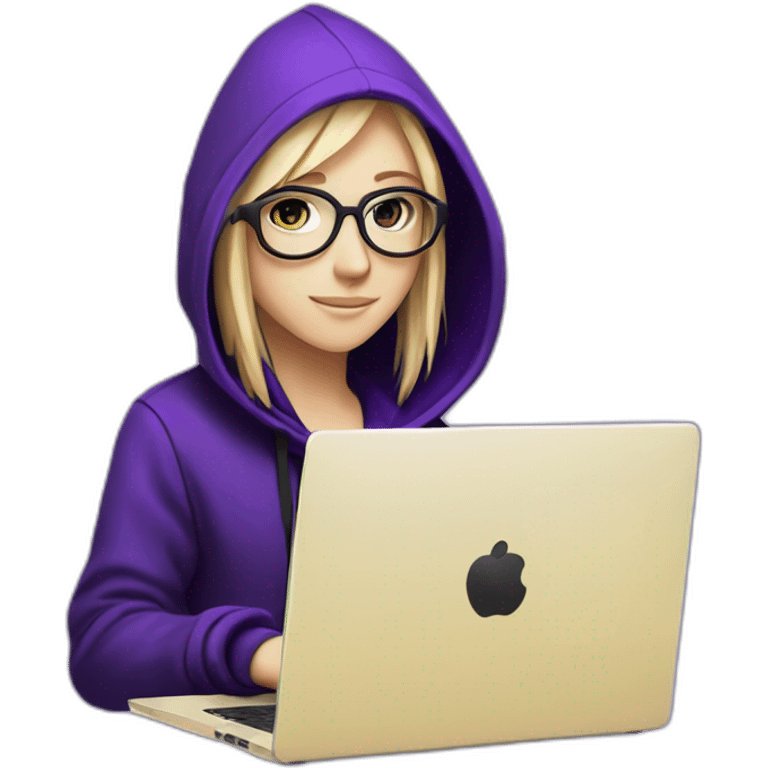 Girl blond artist with round glasses left side behind his laptop with this style: Alan Walker Singer purple character purple black hooded hacker themed character emoji