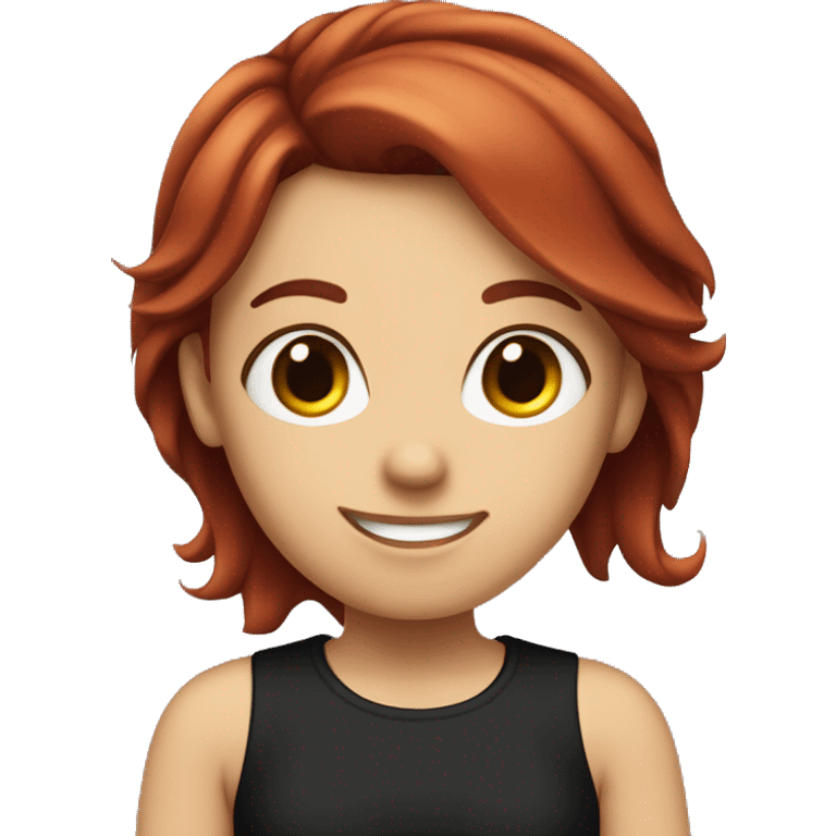 dark red hair girl, with a black tshirt, medium size eyes and a smile emoji