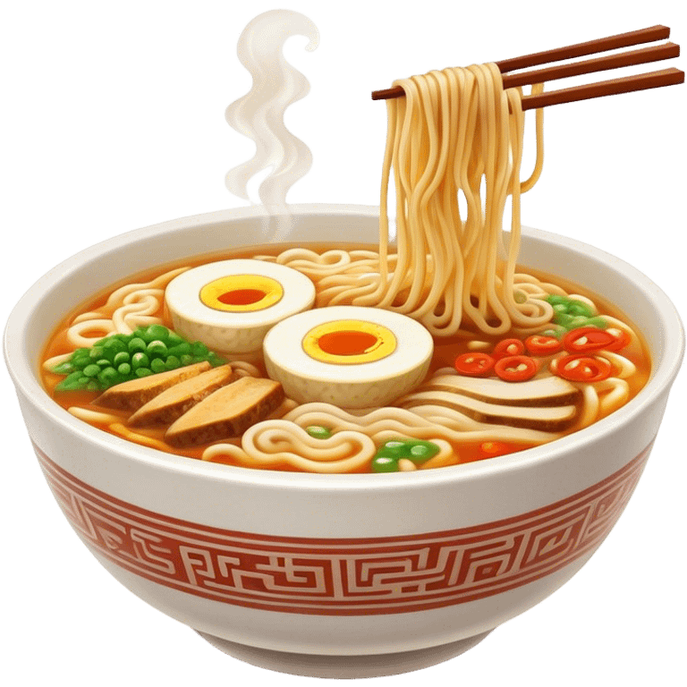 Cinematic Realistic Ramen Dish Emoji, showcasing a steaming bowl of rich broth with noodles and toppings rendered with dynamic textures and inviting, warm lighting. emoji