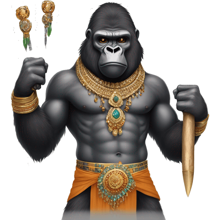 male gorilla with indian male jewellery and  indian traditional wear, holding a  huge weapon, humanoid, holding another  huge weapon  emoji