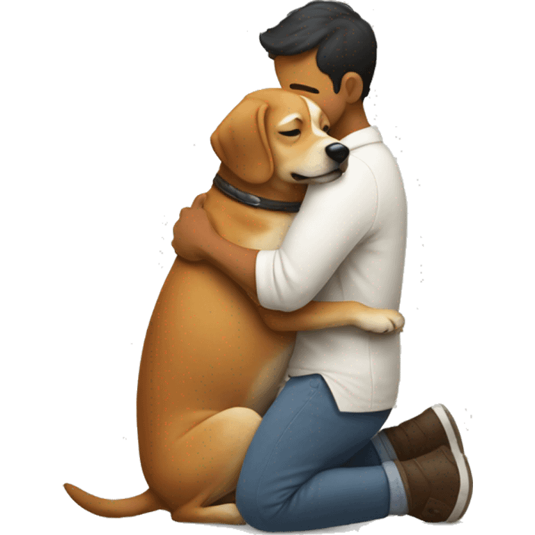 Bipedal dog cuddling with a man emoji