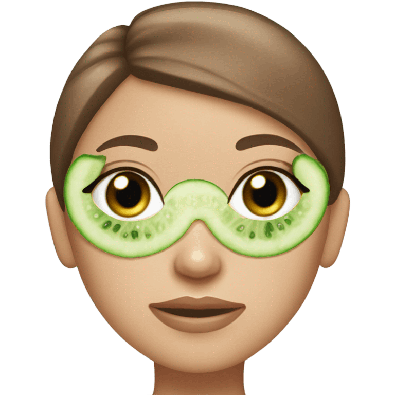 Girl with freackles Brown hair white skin Tone and blue eyes wears Green skin care mask and cucumber on her eyes emoji