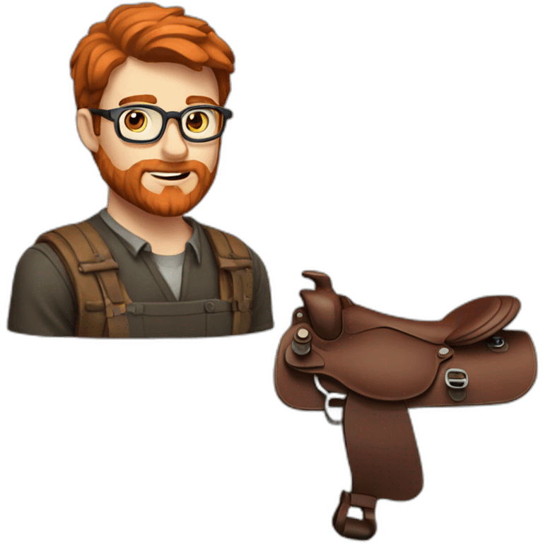 Red smooth haired man with beard and glasses repairing a saddle emoji