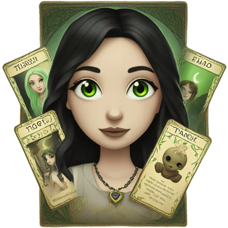 Girl with green eyes, pale skin, black hair and nose ring piercing with taro cards emoji