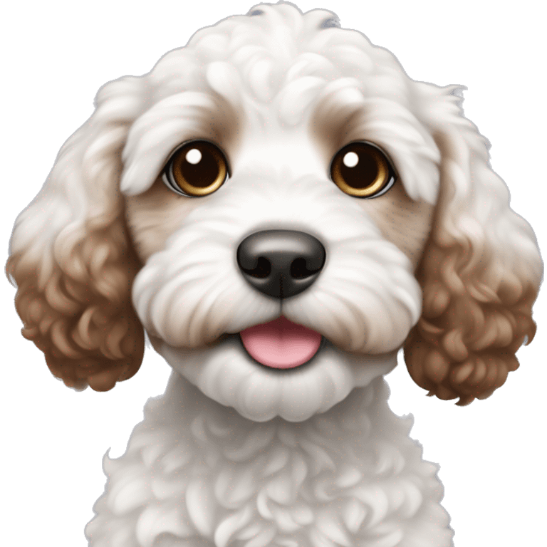 white and brown cockapoo puppy with pink nose, blue eyes,  emoji