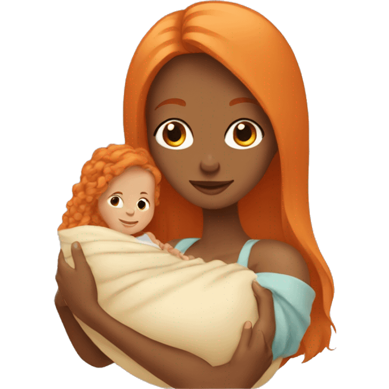 Tan girl with long orange hair holding newborn baby in arms emoji