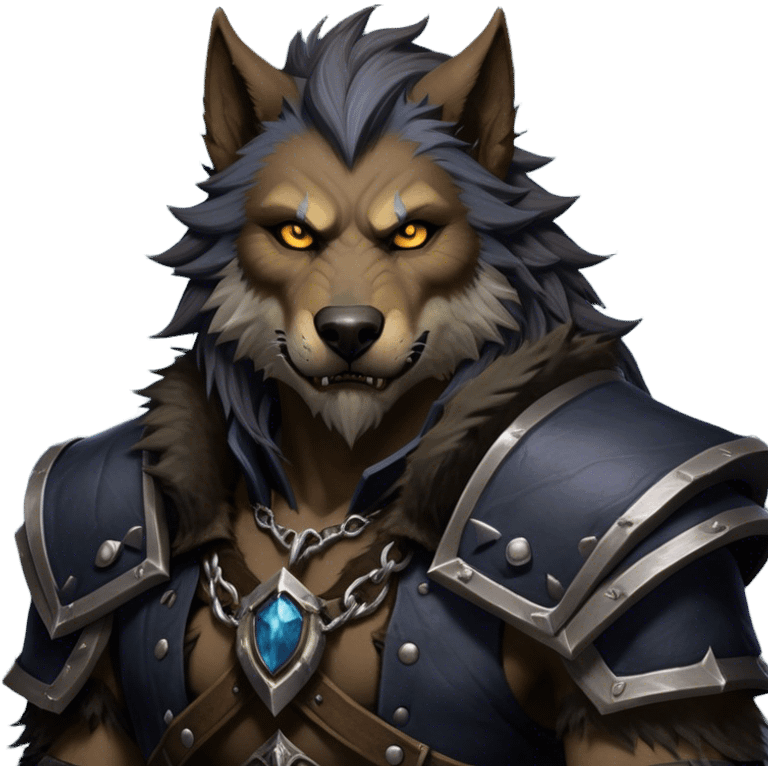 Cinematic Realistic WoW Worgen Portrait, depicted as a fearsome blend of man and beast, with rugged, dark fur intermingling with tanned, weathered skin. His piercing amber eyes and fierce expression are framed by disheveled hair and subtly detailed, worn leather attire in dark, consistent hues. Rendered with lifelike texture and dramatic, natural lighting, high shine, noble and formidable, capturing the primal nobility of a legendary worgen warrior. emoji