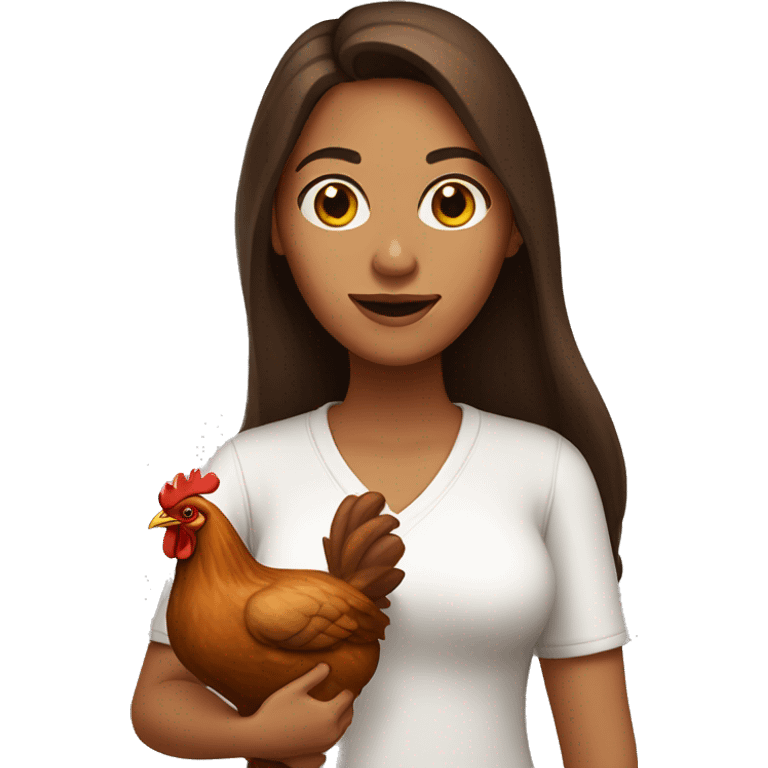 woman with long brown hair and brown eyes holding a chicken emoji