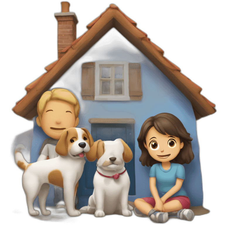 Un chien et un chat devant une maison avec une famille composer de 1 garç et 2 fille emoji