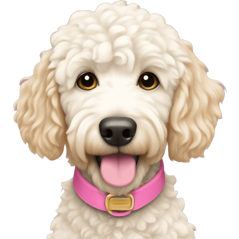 white and cream golden doodle with pink collar emoji