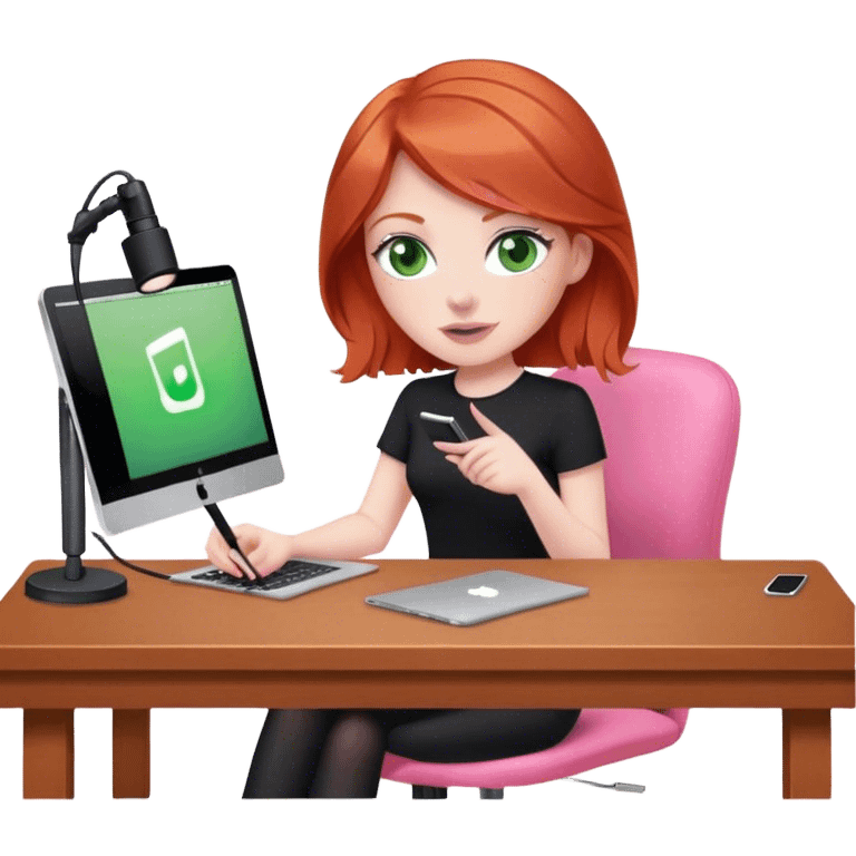 Redhead with green eyes sat at desk with pink MacBook and  podcast microphone black top and pink chair  emoji