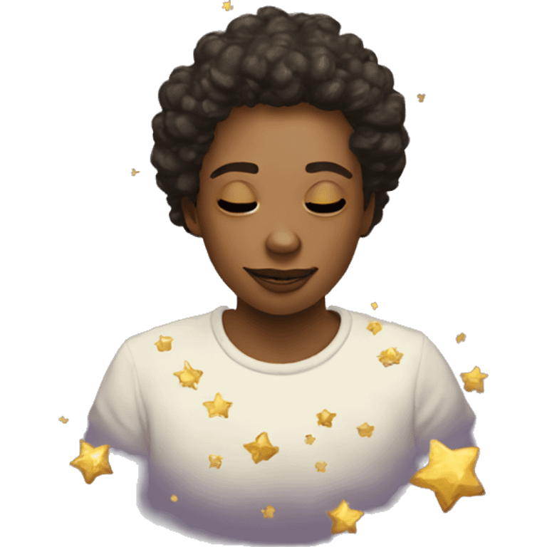 Person wearing t shirt filled with vintage detailed golden stars galaxies celestial emoji