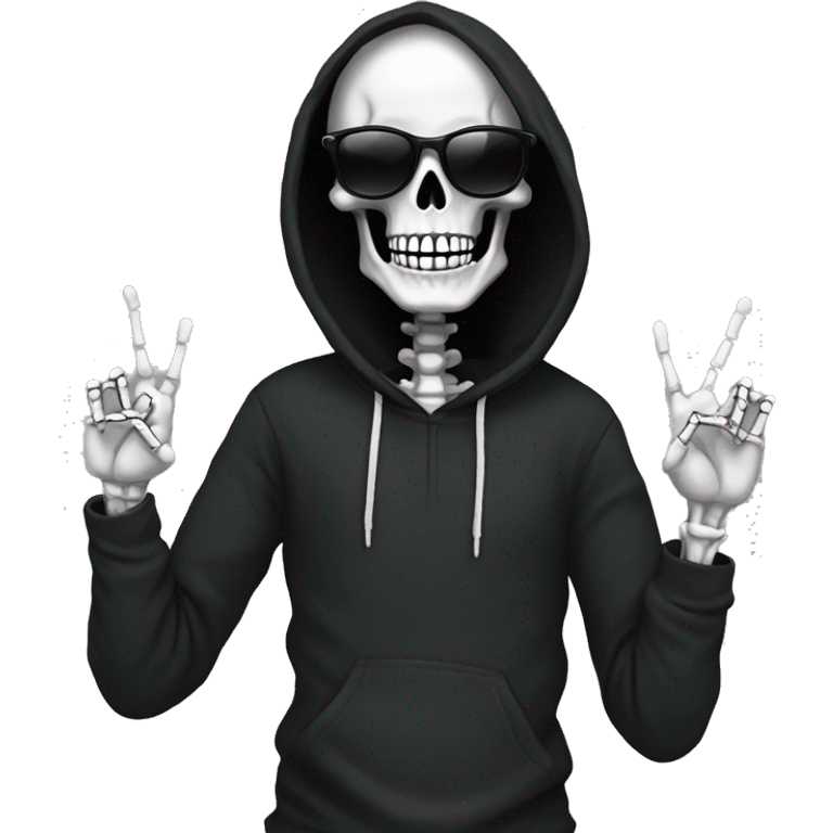 skeleton with sunglasses in black hoodie holding up the peace sign emoji