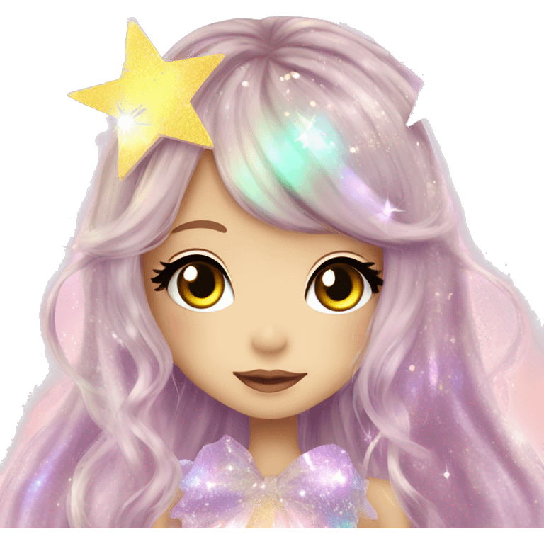 hime gyaru girl, iridescent fairy, glitter, sparkle, beautiful long hair, stars emoji