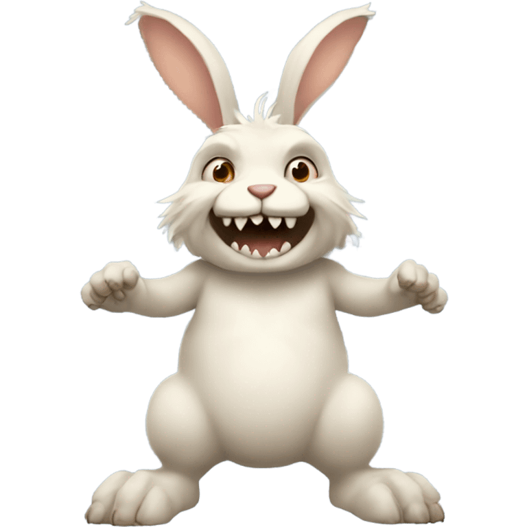 Fluffy standing rabbit with skin colour hands feet and face of a monster with a wide grin across whole face with nine triangle teeth emoji