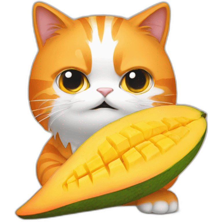 orange hairy cat eating mango with grumpy face and long tail emoji