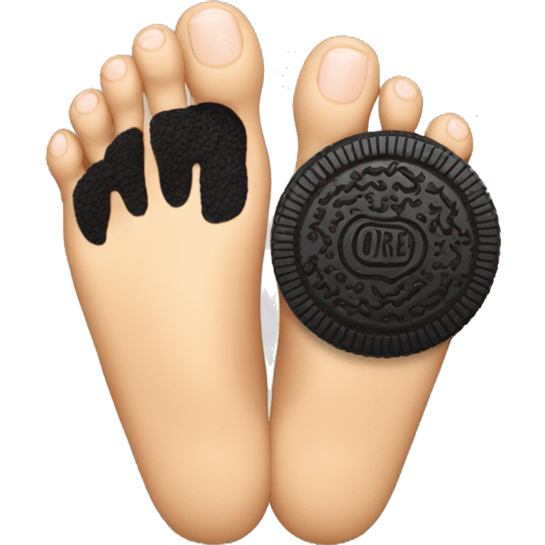 One bare foot with toes holding an oreo cookie between the big toe and the index toe emoji