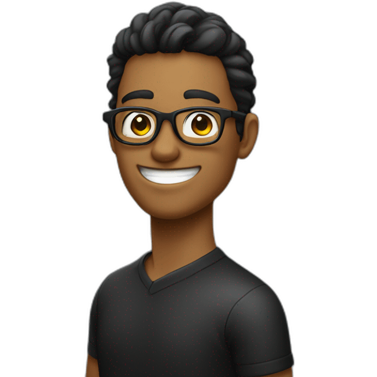 un chico con pelo negro con lentes negros y sonriendo que lleve un polo blanco y una chauqeta de color negro  emoji