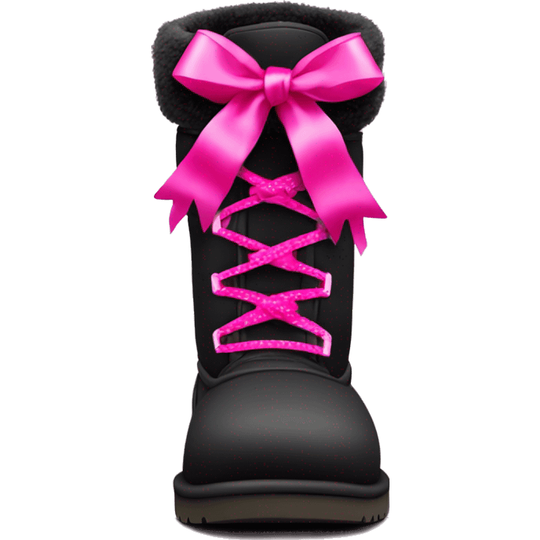 Pair of black and hot pink Ugg fur boots laced up with pink silk ribbon bows. emoji